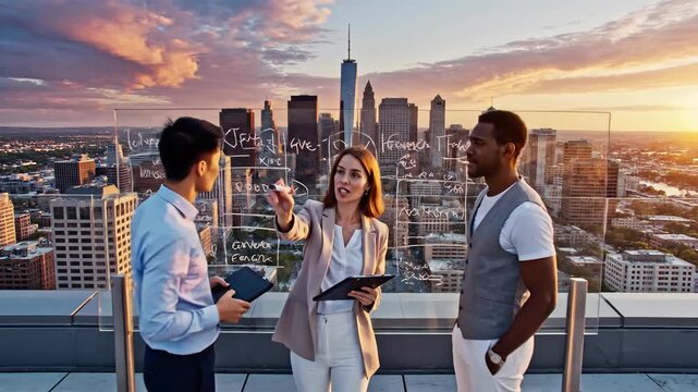 Multicultural business team collaborating on a futuristic urban development project from a skyscraper rooftop at sunset