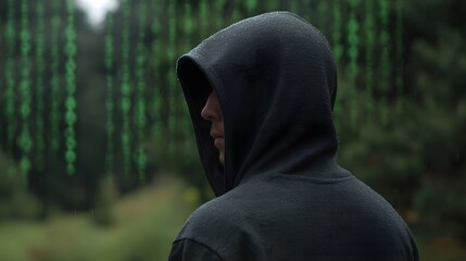 A person in a dark hoodie stands outdoors in the rain with green digital code falling in the blurred background