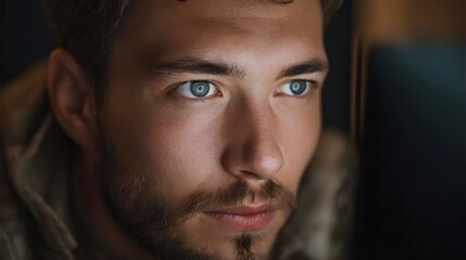 A man with intense blue eyes focused intently in a dimly lit quiet atmosphere