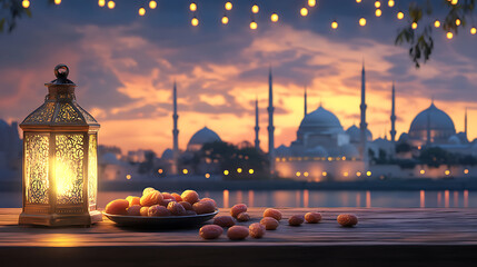 Golden lantern and dates on a table with a mosque skyline at dusk