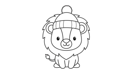 Cute little lion wearing a winter hat on a transparent background