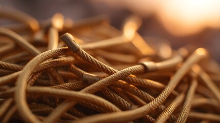Close up of tangled golden braided cords illuminated by warm sunset light showcasing intricate texture and metallic sheen