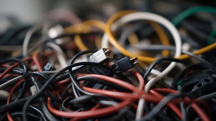 Detailed close up of a messy tangle of electronic cables wires and connectors in various colors
