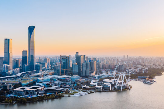 Aerial view of the skyline of the Ferris wheel along Jinji Lake in Suzhou, Jiangsu Province, China.