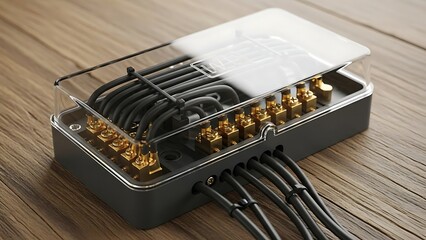 A close-up view of a network switch with cables connected to it on a wooden surface