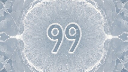 A close-up view of the number ninety-nine on a frosty glass surface with a floral patterned background.