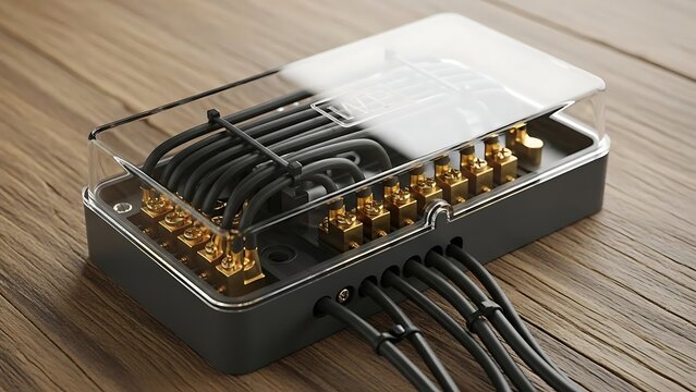 A close-up view of a network switch with cables connected to it on a wooden surface - Powered by Adobe