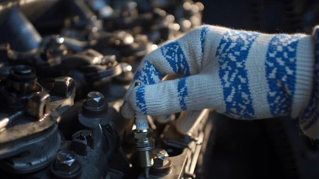 Gloved hand holds car spark plug