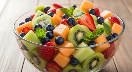 Vibrant close-up of a healthy glass bowl filled with fresh summer fruit salad featuring kiwi strawberries and blueberries perfectly garnished with mint leaves