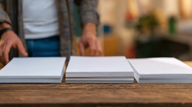 Side view of a creative selecting between glossy and matte sheets demonstrating the decision process for print finishes based on project style and presentation needs.