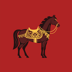 Illustration of a horse with golden saddle.
