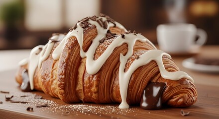 Decadent chocolate croissant generously drizzled with thick white icing and sprinkled with dark shavings for a perfect morning indulgence