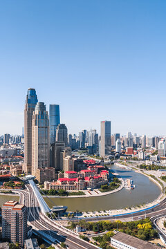 The skyline of Chifeng Bridge and Jinwan Square CBD in Tianjin, China