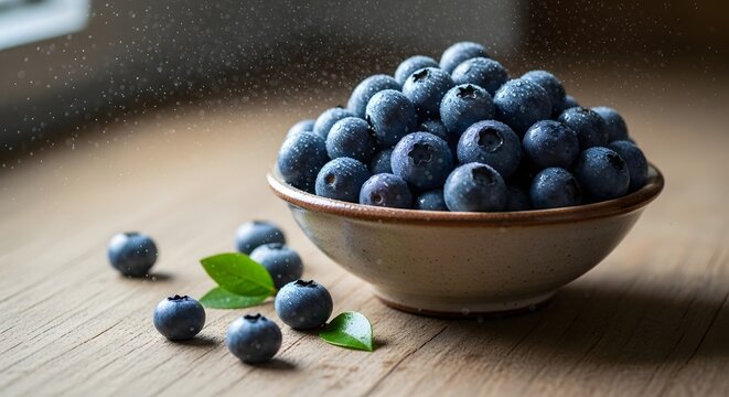 Fresh organic blueberries sprinkled with water droplets are piled high in a rustic ceramic bowl resting on a wooden surface creating a healthy scene - Powered by Adobe