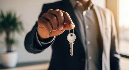 New Beginnings in Real Estate: An agent extends a gleaming key, signifying a new chapter, symbolizing property ownership and the realization of homeownership