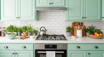 Bright Kitchen Interior: A culinary haven, features fresh herbs, stainless steel appliances, and a welcoming layout for cooking, meal preparation, and culinary creativity.