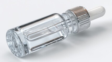 Clear glass dropper bottle with a silver cap, placed on a neutral background, ideal for skincare products