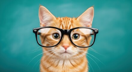 Smart Cat: A curious ginger cat dons spectacles, exuding intelligence and charm. Its captivating gaze draws you into a world of wisdom and wit.