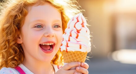 Joyful summer treat: A delightful image of a little girl, radiating pure happiness as she enjoys a delicious ice cream cone. the sunny background enhances the cheerful mood