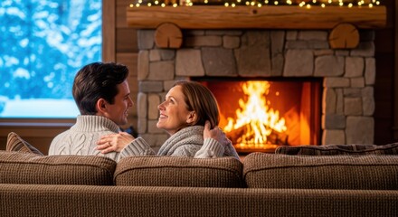 Cozy Winter Romance by Fireplace: A couple cuddles together in front of a crackling fireplace, creating a warm, intimate atmosphere in a cabin setting, perfect for winter and leisure.