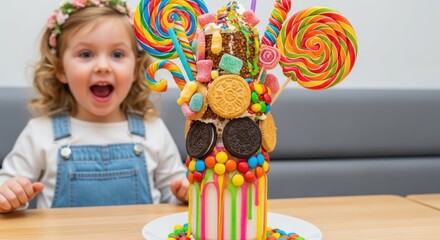Child's Sweet Revelation: A young child's eyes widen in amazement and delight as she beholds a magnificent, towering confection of sugary treats and vibrant candies.