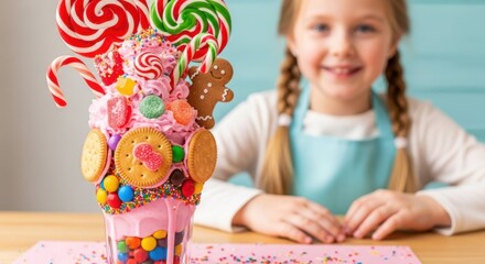 Sweet Delight: A young girl's eyes light up as she gazes upon a towering confectionary creation, a vibrant mix of sweets and treats crafted to inspire joy and imagination. 