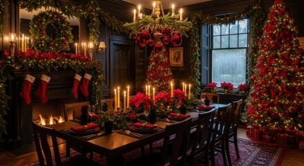 Festive Dining Room: A beautifully adorned dining room prepared for a Christmas celebration, creating a warm, inviting ambiance with Christmas tree, decorations, and soft candlelight.
