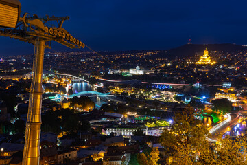 Tbilisi Night Cityscape From Cable Car Pole With Sameba Cathedral