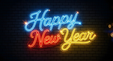 Electrifying neon sign displaying 'Happy New Year' in vivid colors, set against a dark brick wall, symbolizing festive celebrations and new beginnings