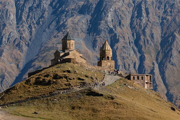 Scenic View Of Gergeti Trinity Church In Caucasus Mountains