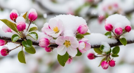 Blooming Branch in Snow: A vibrant display of delicate pink blossoms and buds on a branch, beautifully contrasted against a soft blanket of fresh snow, highlighting the resilience of life in winter.