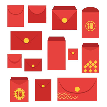 Red Envelopes with Golden Symbols and Seals.