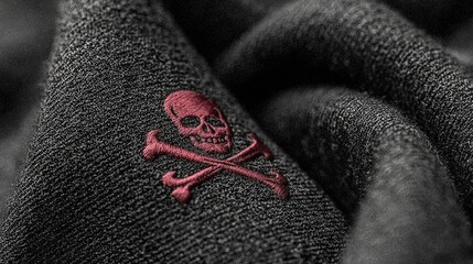 Close-up of a black fabric featuring a red embroidered skull and crossbones logo, showcasing texture