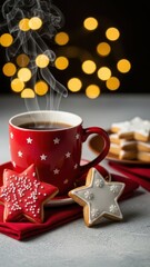 Cozy Holiday Moments: The warm embrace of a red mug filled with steaming beverage, accompanied by star-shaped treats on a festive red napkin, invites viewers to the season's cheer. 