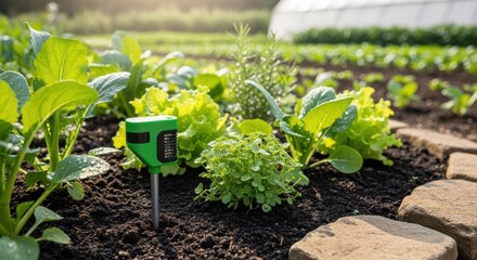 Medium shot of soil moisture sensor inserted in garden bed monitoring hydration levels to optimize water use in sustainable agriculture.
