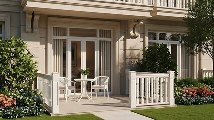 A serene outdoor patio area with white furniture and a beautifully landscaped garden in front of a modern house