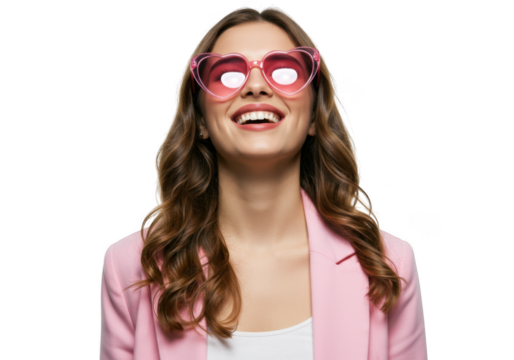 Joyful young woman with wavy brown hair wearing pink heart-shaped glasses smiling brightly transparent background - Powered by Adobe