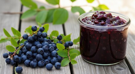 Berry Delights: A close-up showcases a jar of homemade berry jam alongside a cluster of fresh berries and leaves, offering a taste of summer's sweetness.