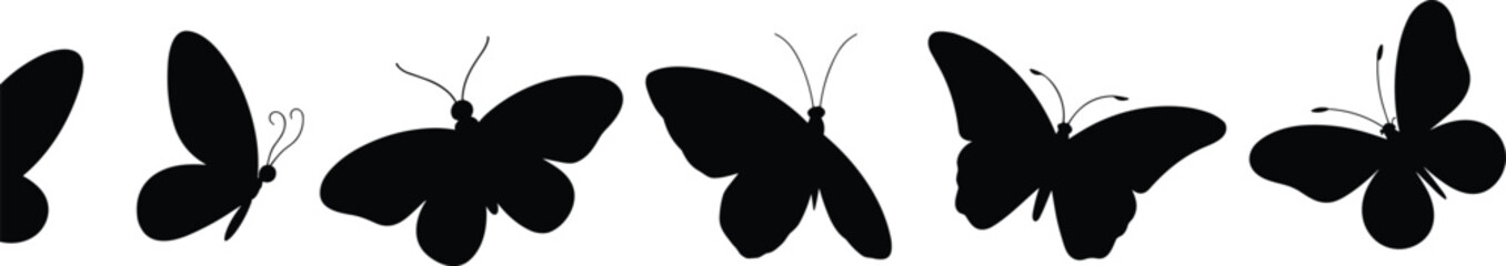 Butterfly silhouettes, insect vector, wing shapes, black icons, species diversity, nature clipart, flying insects, entomology art, outline design, decorative elements © Ezazul Haque