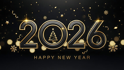Happy new year 2026 luxurious gold and black text with christmas tree confetti and bokeh effect on dark background festive greeting card