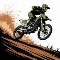 Motocross downhill dirt bike illustration with rider carving a roost on steep slope, extreme off‑road enduro racing artwork for adrenaline sport posters and branding