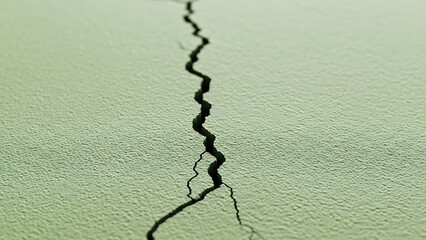 A close-up view of a cracked green wall with a large black fissure