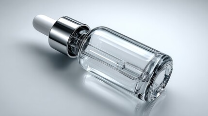 Close-up of a clear glass dropper bottle with a silver cap, resting on a smooth surface, ideal for skincare