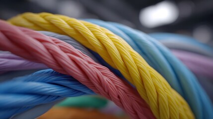 Close up of vibrant interlaced pastel colored ropes and cables with detailed twisted textures