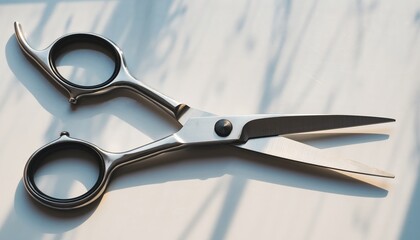 A professional pair of sharp metal scissors for cutting hair resting on a clean light colored surface