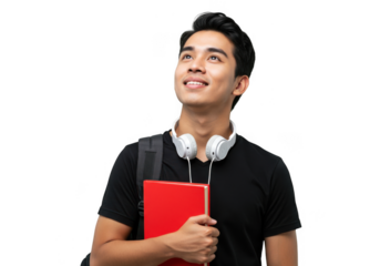 Young man holding a red book with headphones isolated on transparent background
