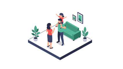 Isometric family home scene with parents and child in living room