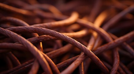 Fototapeta premium Close up of tangled rusty metal cables forming a complex textured abstract background