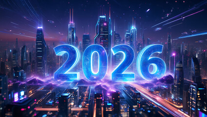 The year 2026 is spelled out in large, glowing letters in a futuristic, neon-lit cyberpunk city.
