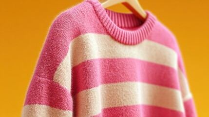 Close-up of a cozy pink and cream striped sweater hanging against a vibrant orange backdrop